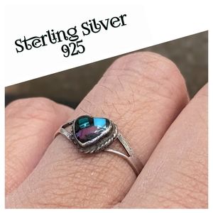 Vintage Mexico 925 Sterling Silver Multi-Stone Inlay Heart Ring